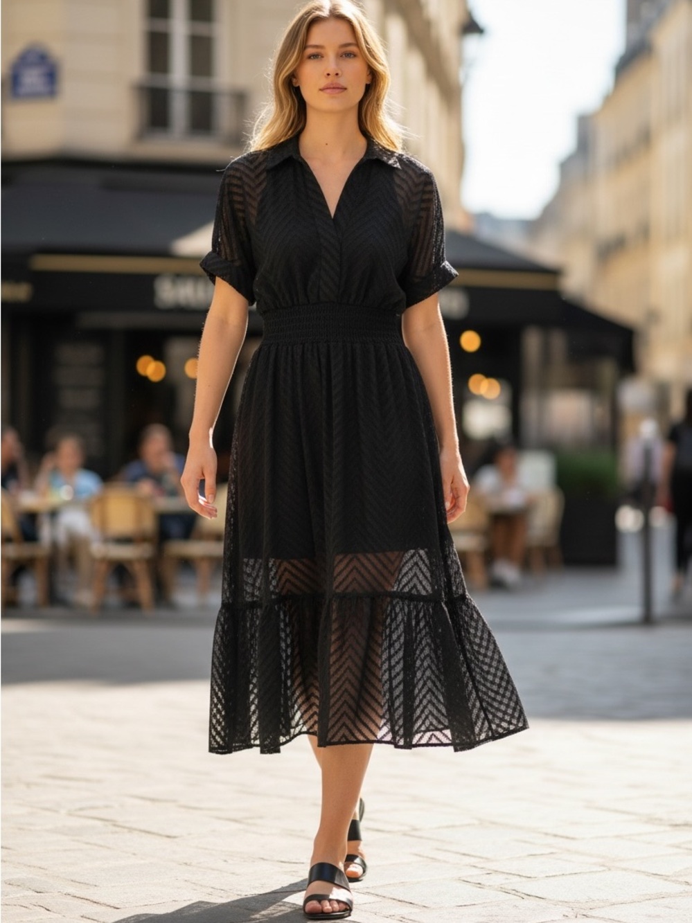 Zara Black Textured Midi Dress